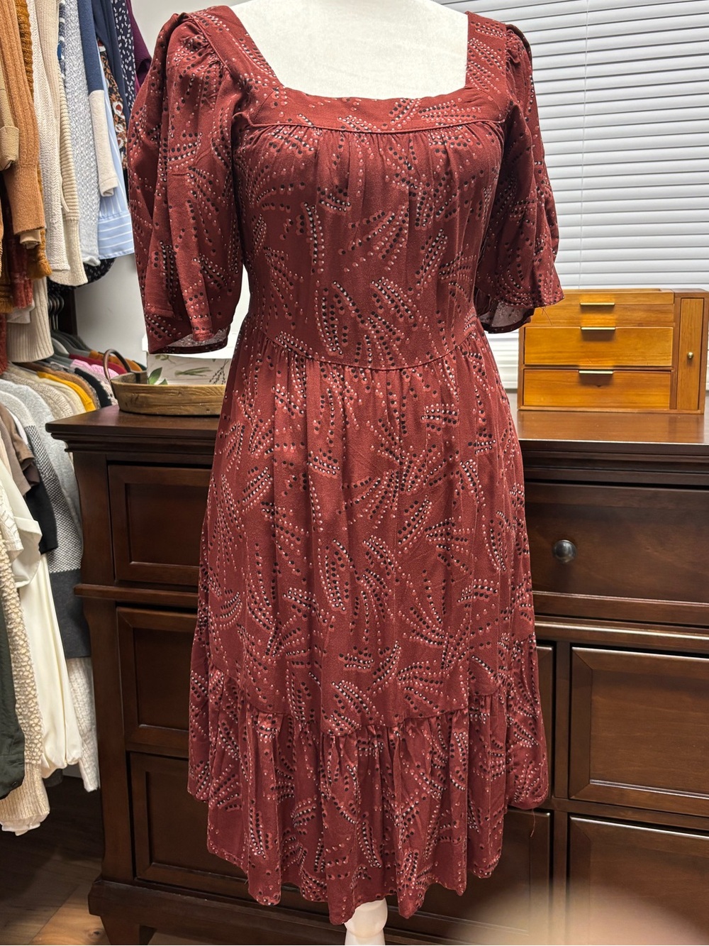 Maurices Rust Red Square-Neck Midi Dress with Puff Sleeves